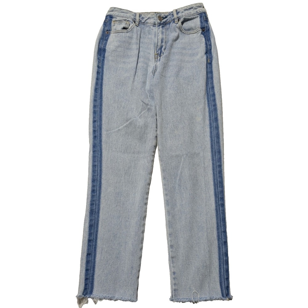 PACSUN MOM JEAN Women Size 25 Light Wash + Tux Stripe Raw Hem Denim Ankle Jeans